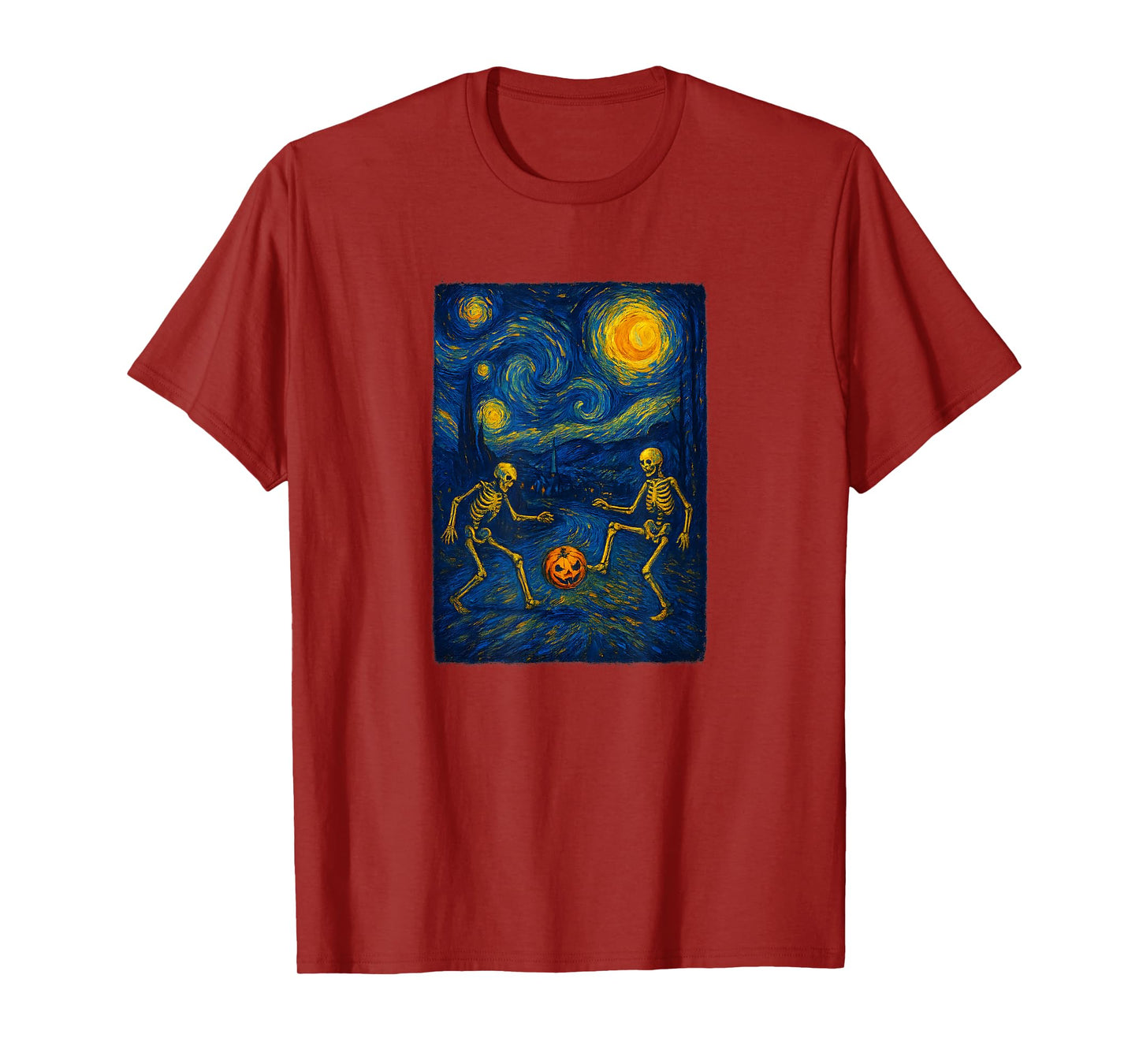 Starry Night Skeleton Pumpkin Soccer Spooky Halloween T-Shirt