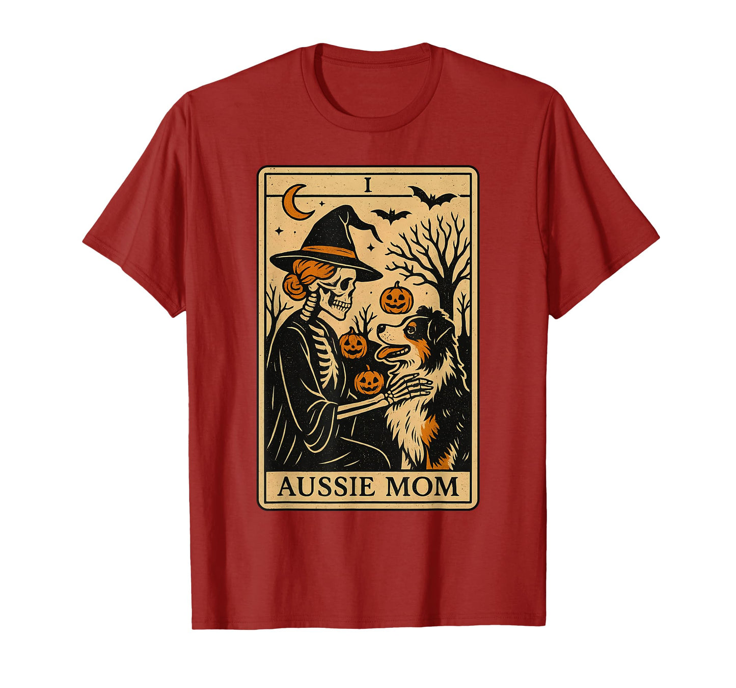 Aussie Mom Tarot Card Skeleton Australian Shepherd Halloween T-Shirt
