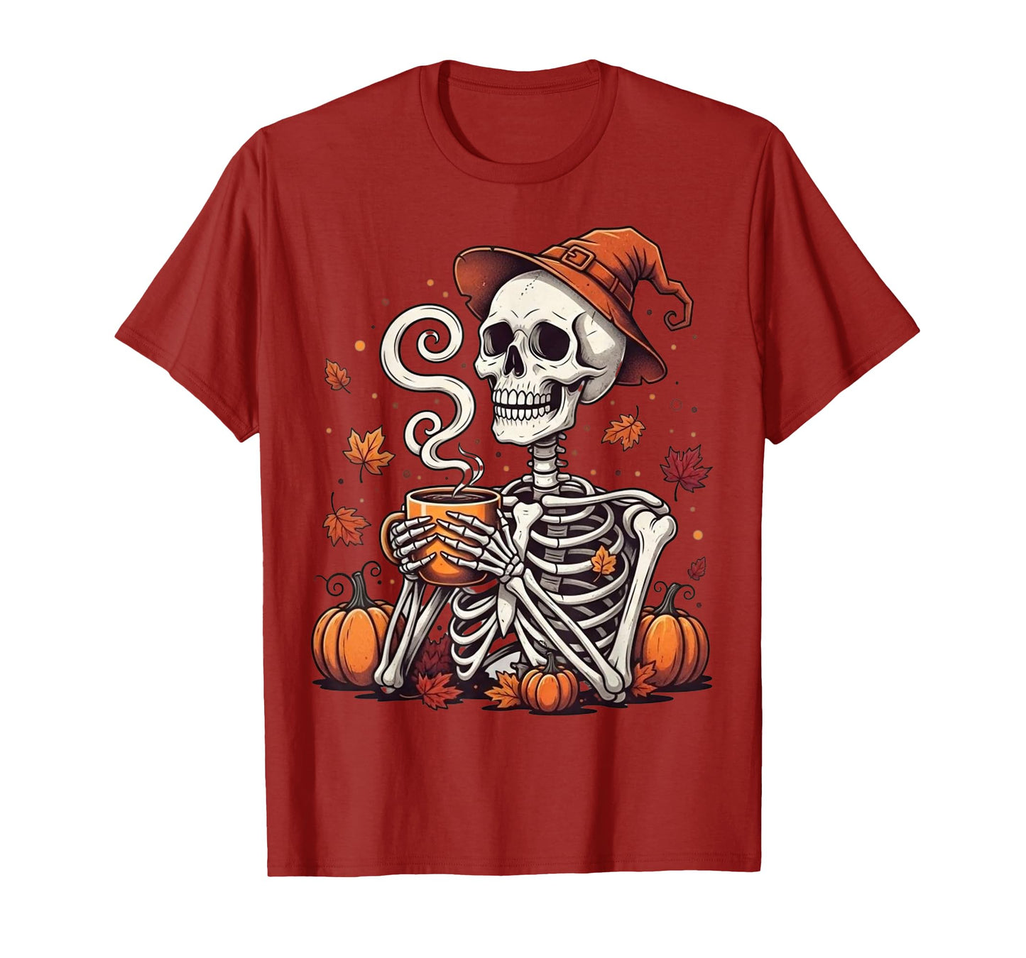 Comfy Skeleton Drinking Coffee – Funny Spooky Halloween T-Shirt