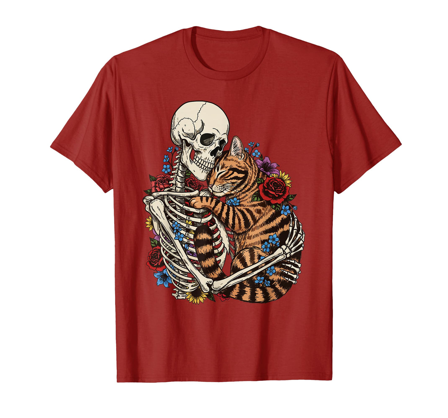 Skeleton Hugging Cat Halloween Cat Lover Flowers Men Women T-Shirt