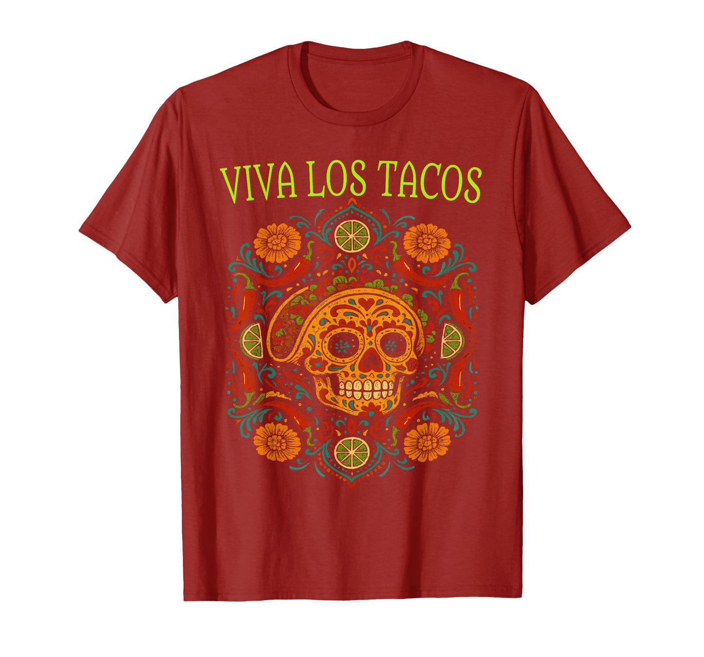 Funny Taco Skull Art Colorful Mexican Food Viva Los Tacos T-Shirt