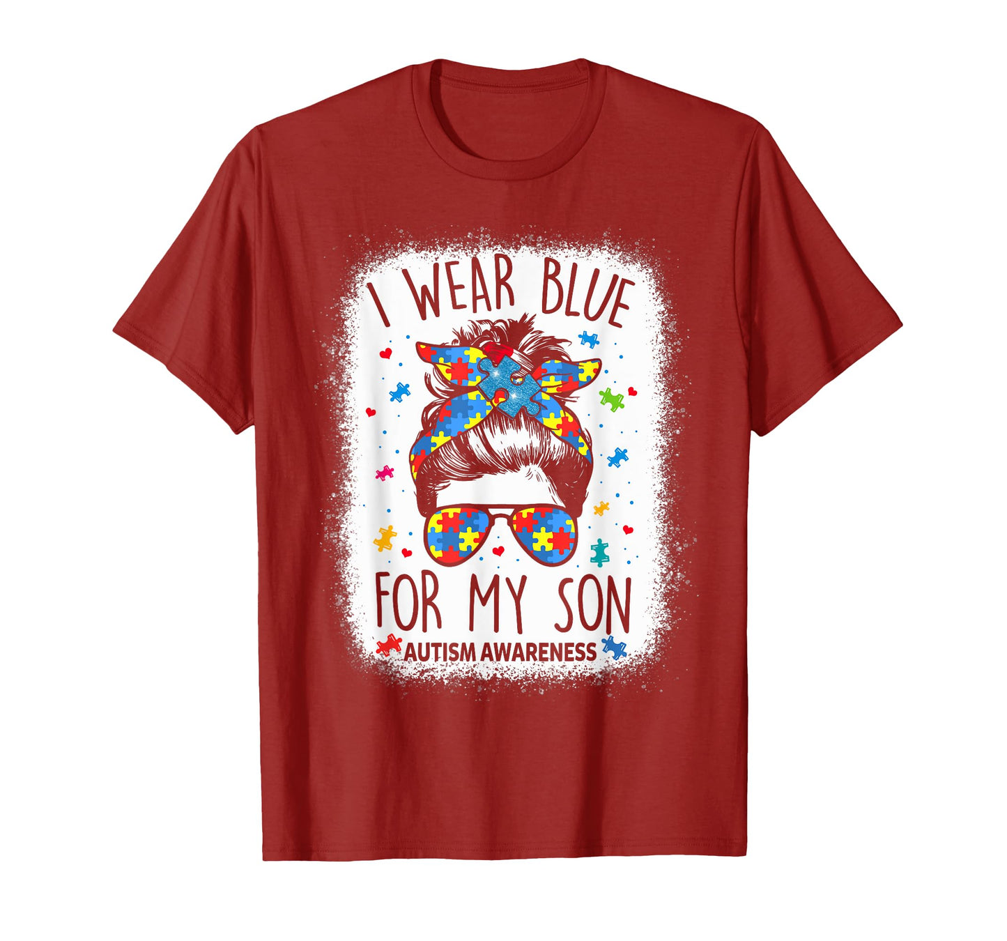 Autism Awareness shirt Mom Messy Bun I Wear Blue For My Son T-Shirt