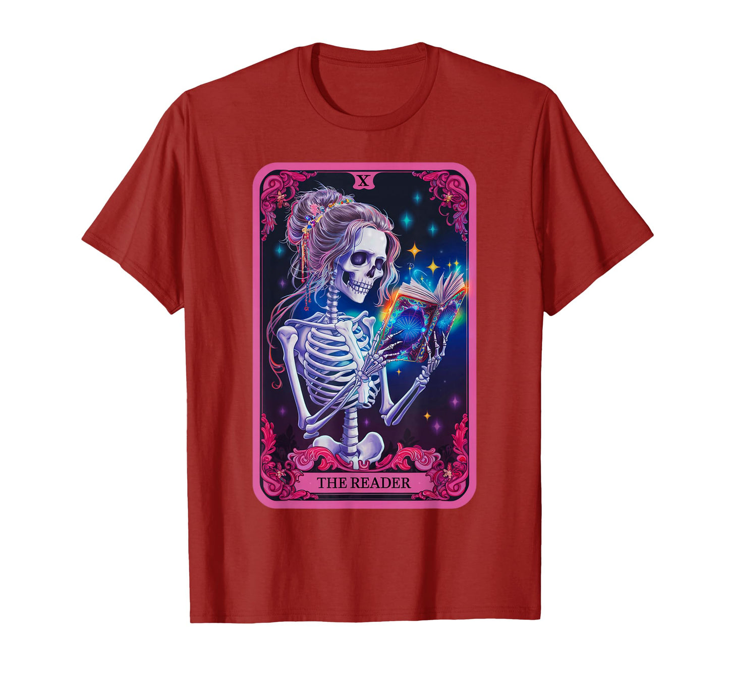 The Reader Tarot Card Skeleton Bookworm Halloween Women's T-Shirt