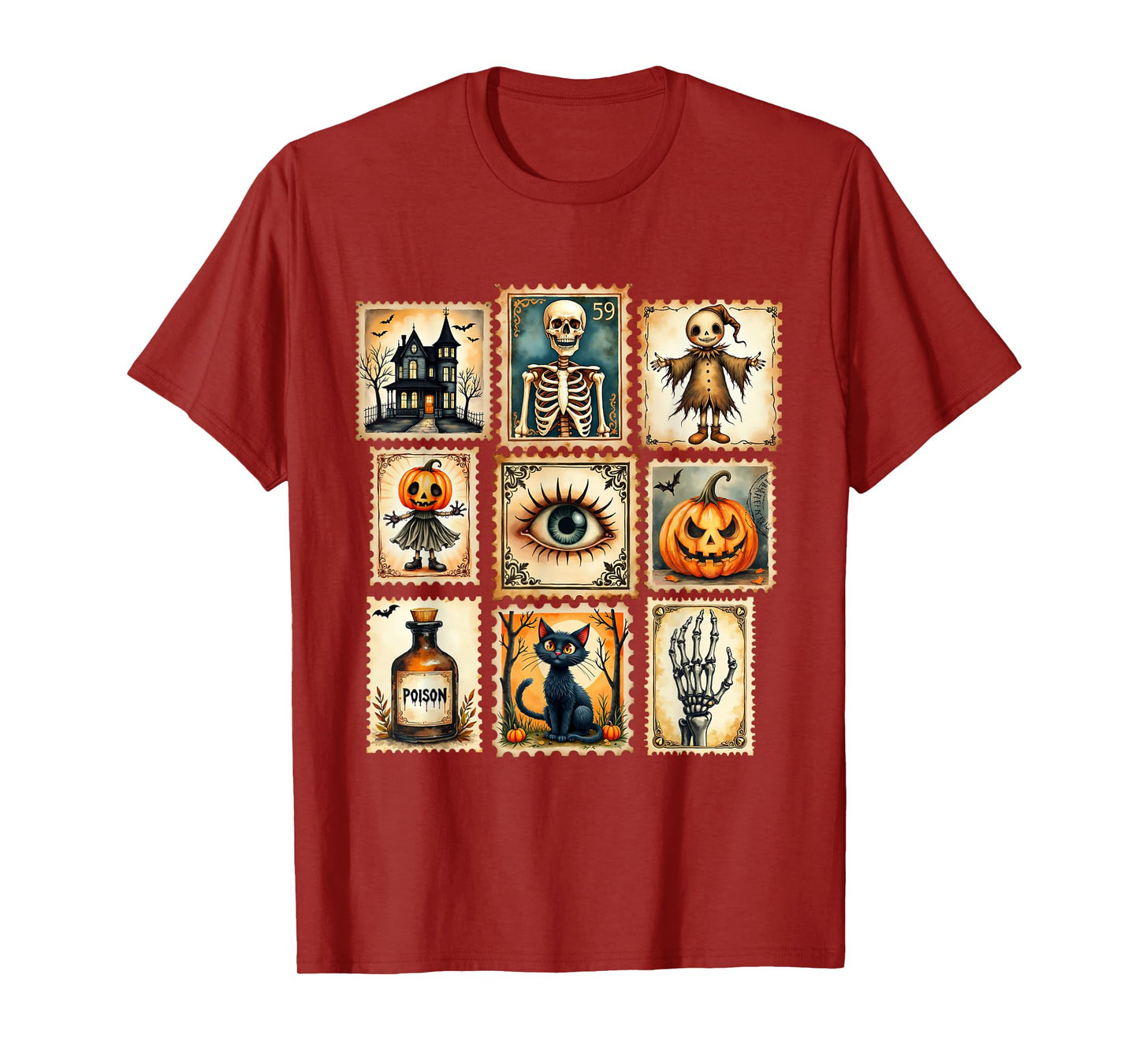 Vintage Cat Pumpkin Halloween Postage Stamp Grid T-Shirt