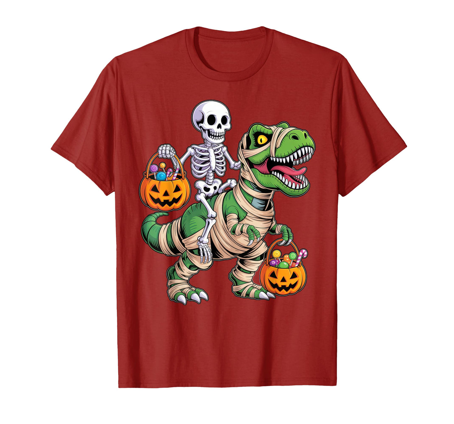 Skeleton Riding Mummy Dinosaur T rex Halloween Funny Pumpkin T-Shirt