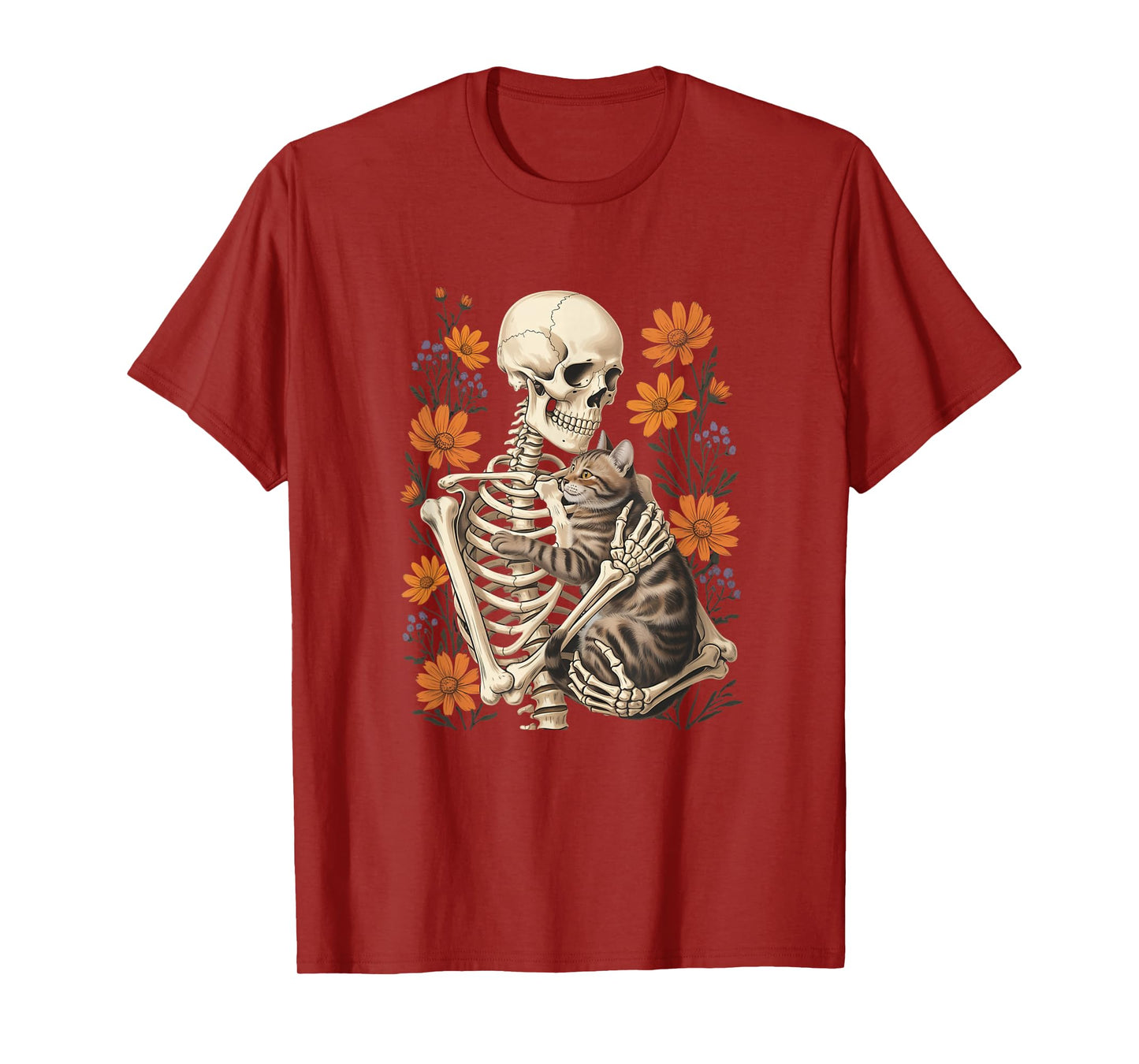 Funny Skeleton Hugging Cat Floral Halloween Cats Lover T-Shirt