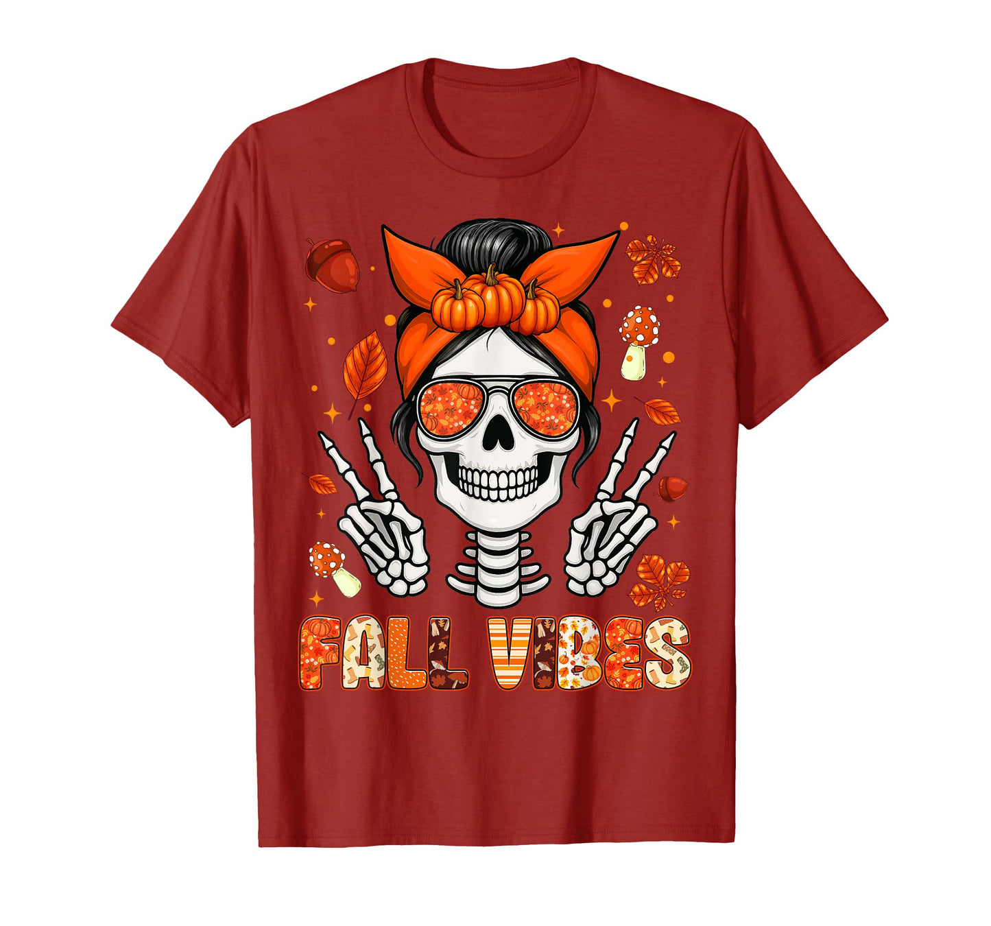 Fall Vibes Messy Bun Skeleton Autumn Maple Leaf Womens Girls T-Shirt