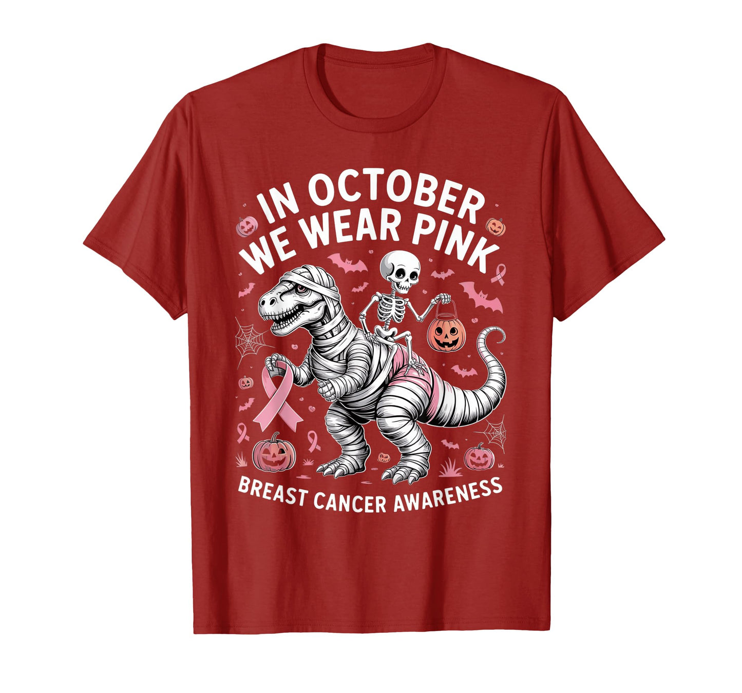 in October We Wear Pink Dinosaur Skeleton Breast Cancer T-Shirt