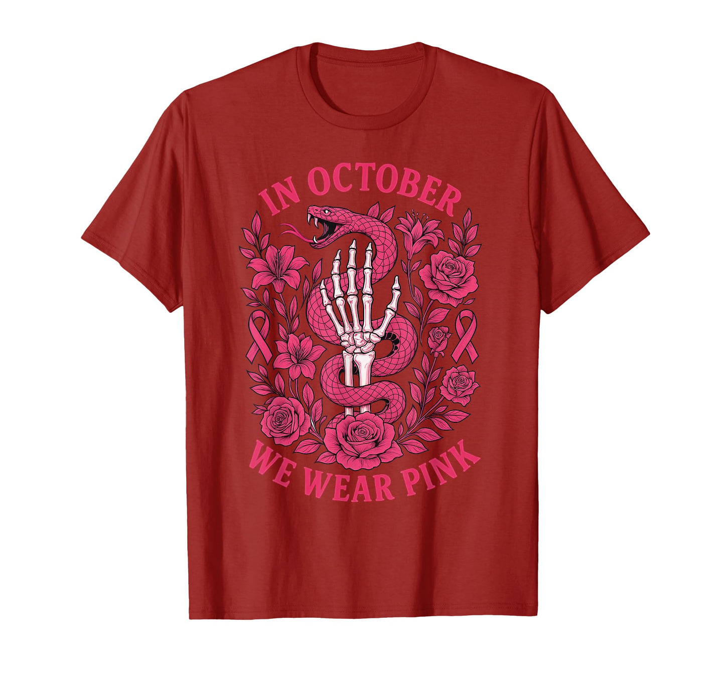 in October We Wear Pink Ribbon Snake Skeleton Hand Womens T-Shirt