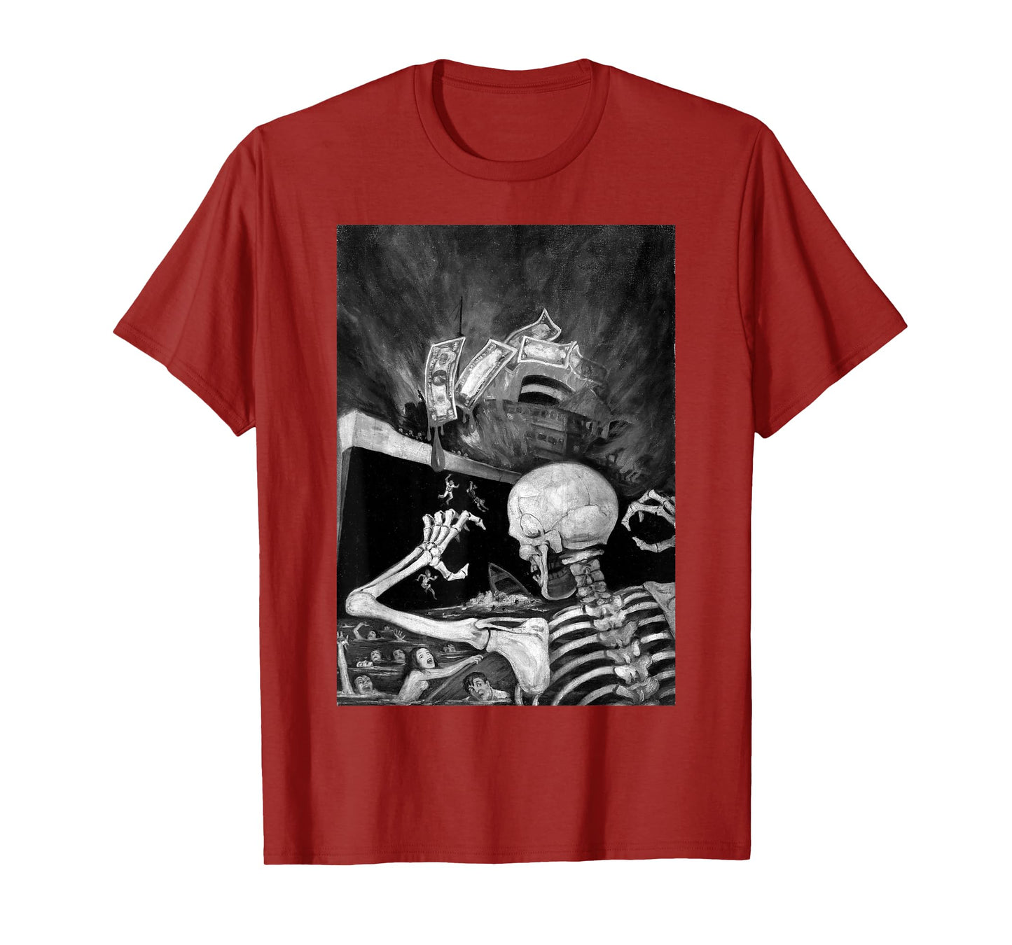 Skeleton Greed Ship Disaster Burning Money Pulp Horror Scene T-Shirt