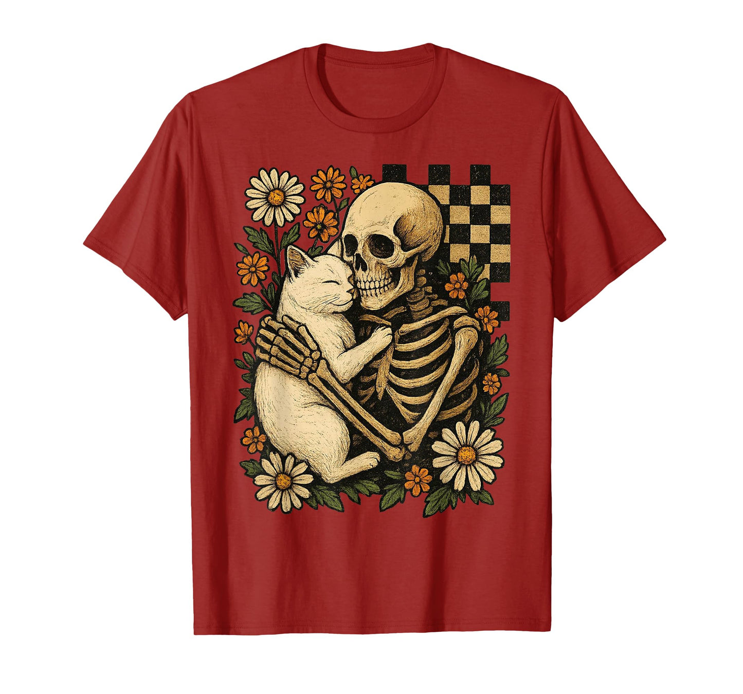 Vintage Skeleton Hugging Cat Gothic Floral Halloween Retro T-Shirt
