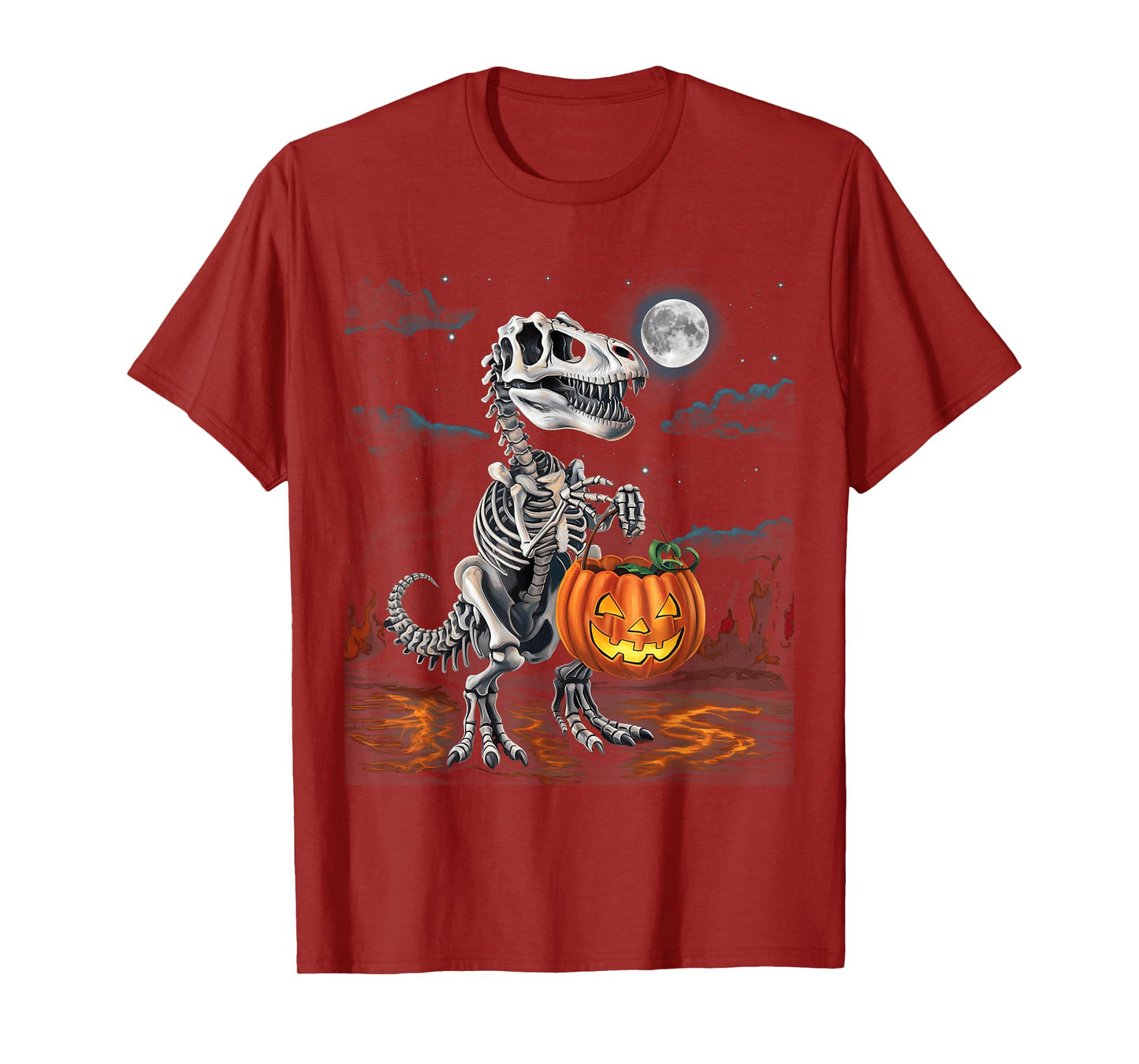 Dinosaur Skeleton T rex Scary Pumpkin Moon Boys Halloween T-Shirt