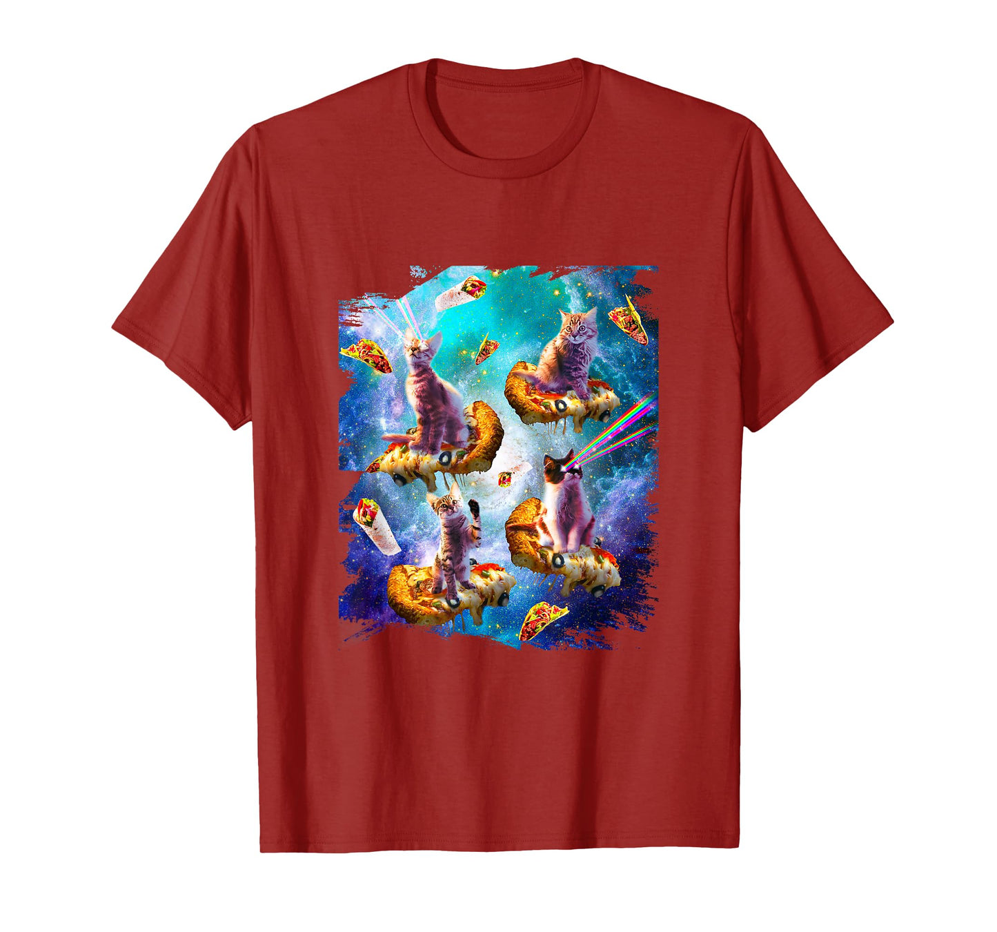 Space cats with rainbow laser eyes riding pizza T-Shirt