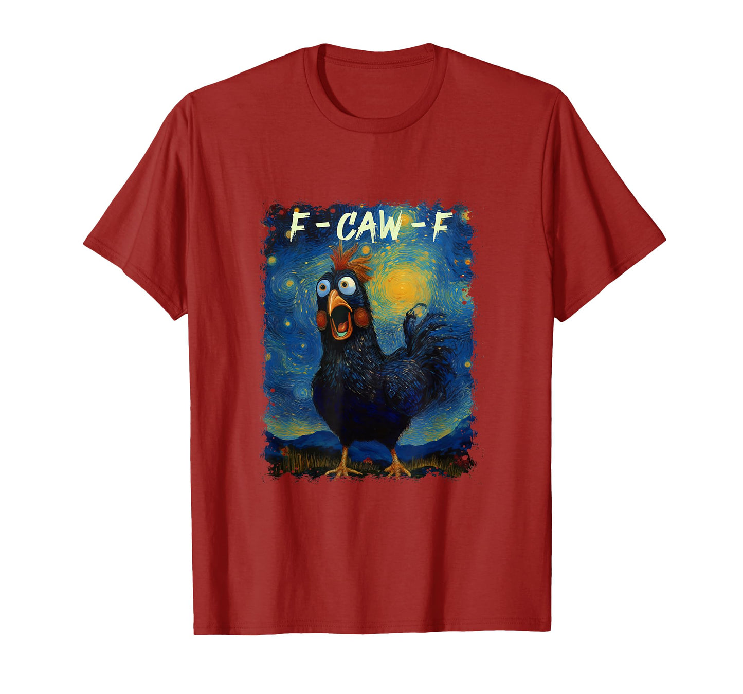 Funny F-CAW-F Black Chicken in Starry Night Van Gogh Style T-Shirt
