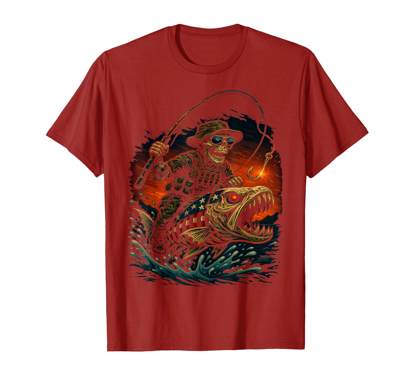 Fishing American Flag Bass Fish Skull Skeleton Fisherman T-Shirt