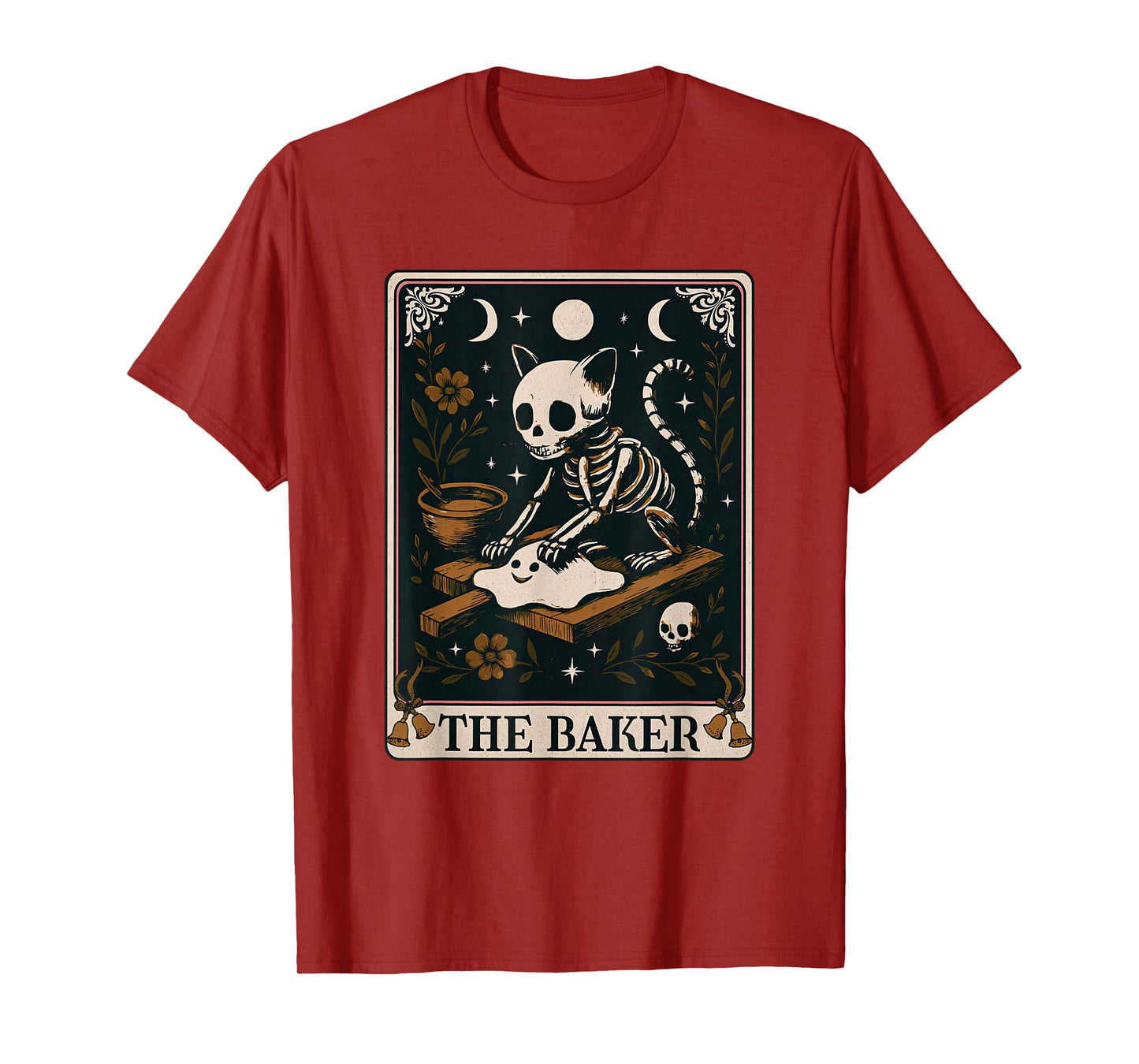 Skeleton Cat Kneading Biscuits Tarot Card Halloween Baker T-Shirt