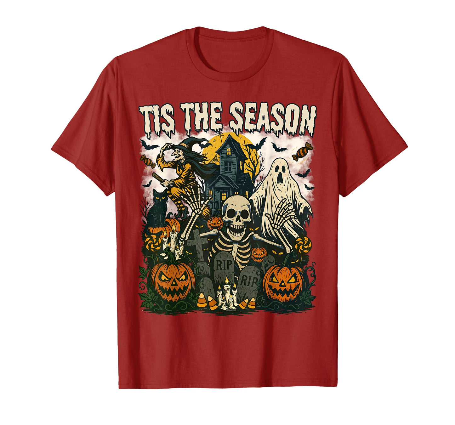 Vintage Tis The Season Halloween Skeleton Ghost Vibes Retro T-Shirt