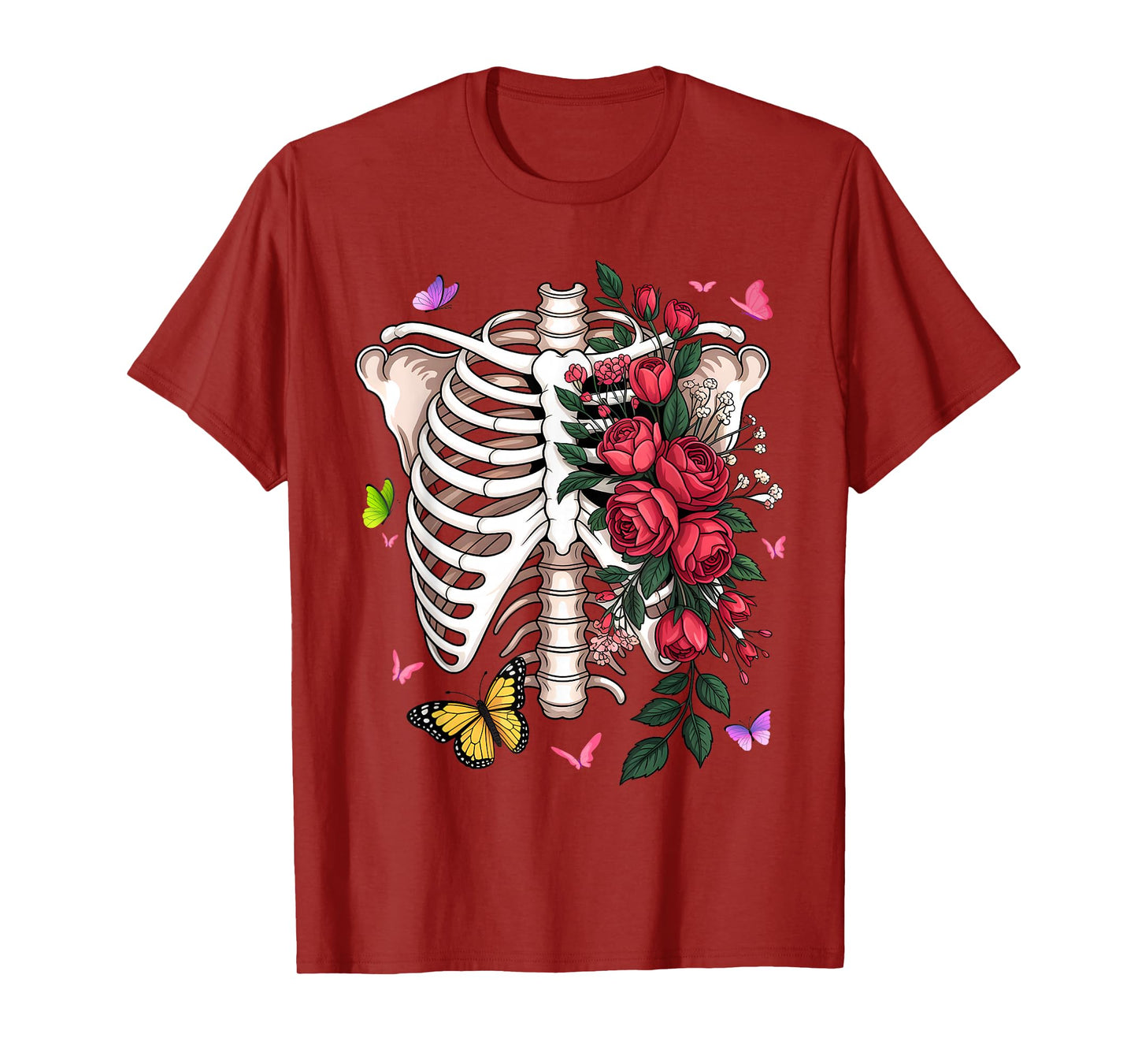 Skeleton Body Red Roses Flower T-Shirt