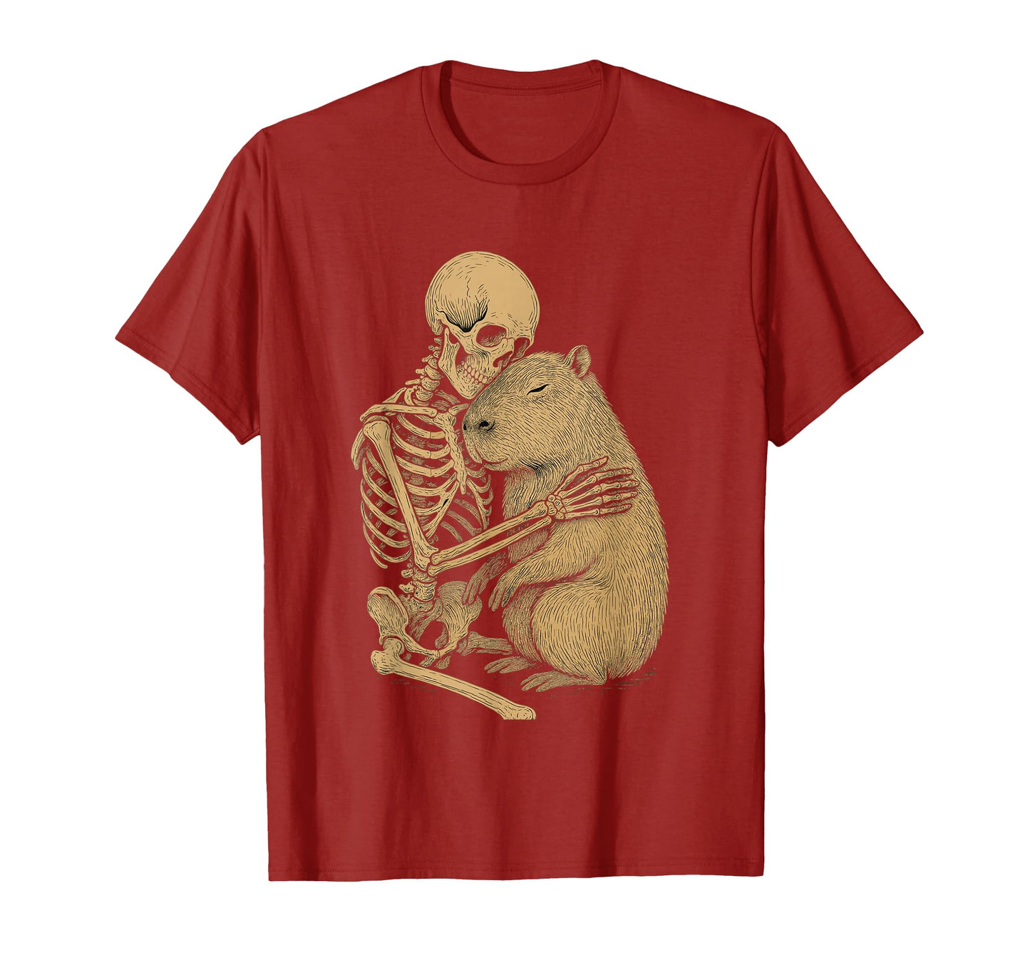 Skeleton Embracing Capybara Gothic Animal Illustration T-Shirt