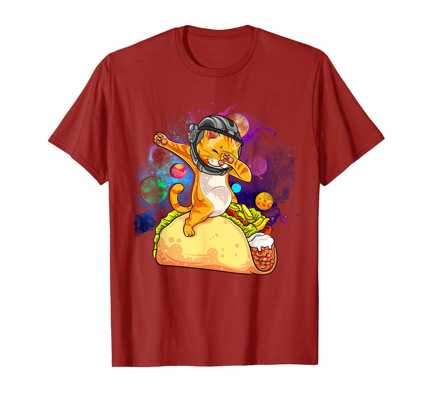 Funny Dabbing Cat Astronaut In Space Riding Taco T-Shirt