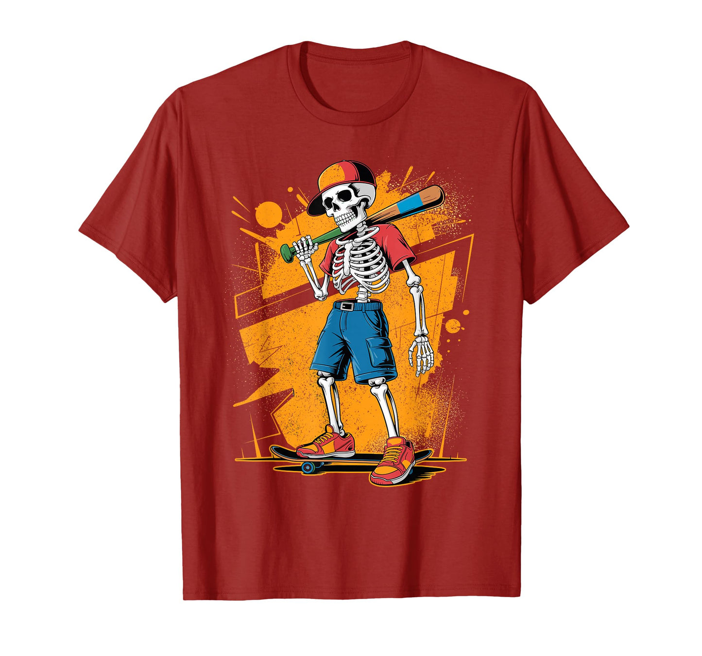 Halloween Skeleton Baseball Skateboard Teen Graffiti Graphic T-Shirt