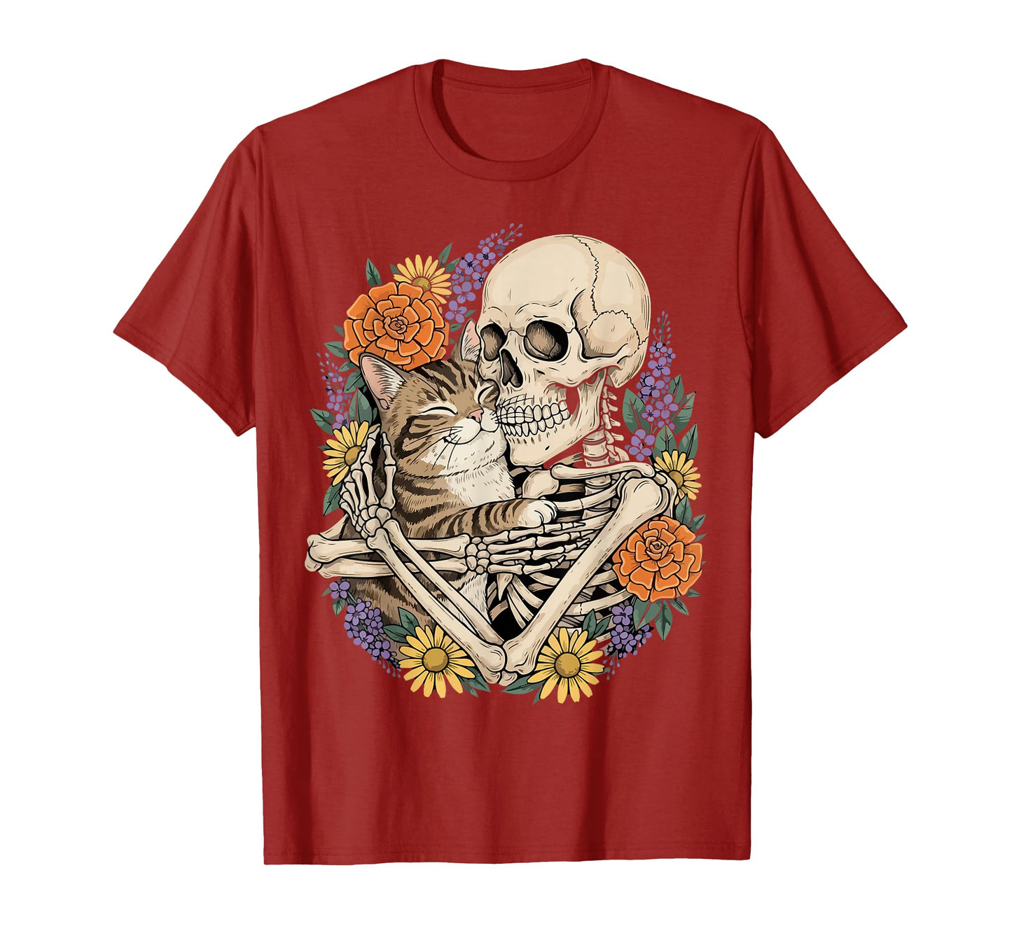 Skeleton Hugging Cat Floral Halloween Cats Lover T-Shirt