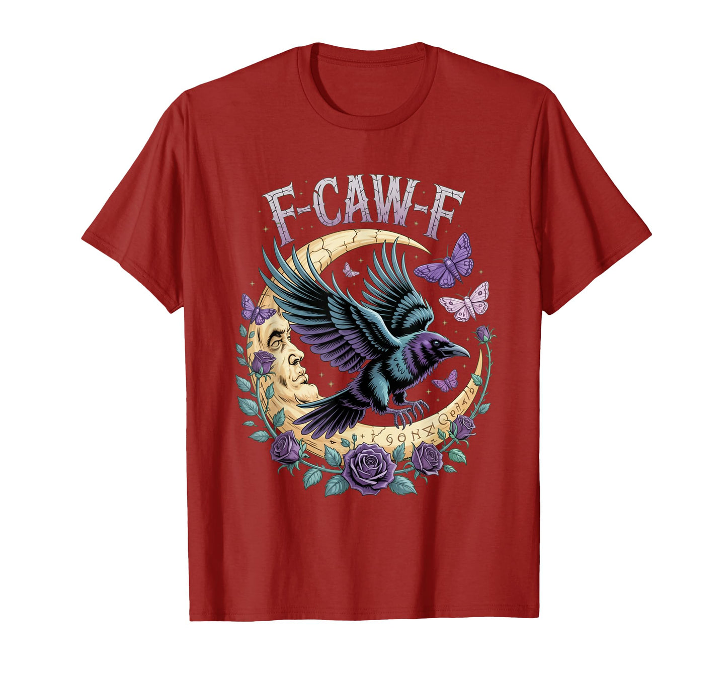 F CAW F Gothic Fly Raven Moon Face Rune Rose Fantasy Moth T-Shirt