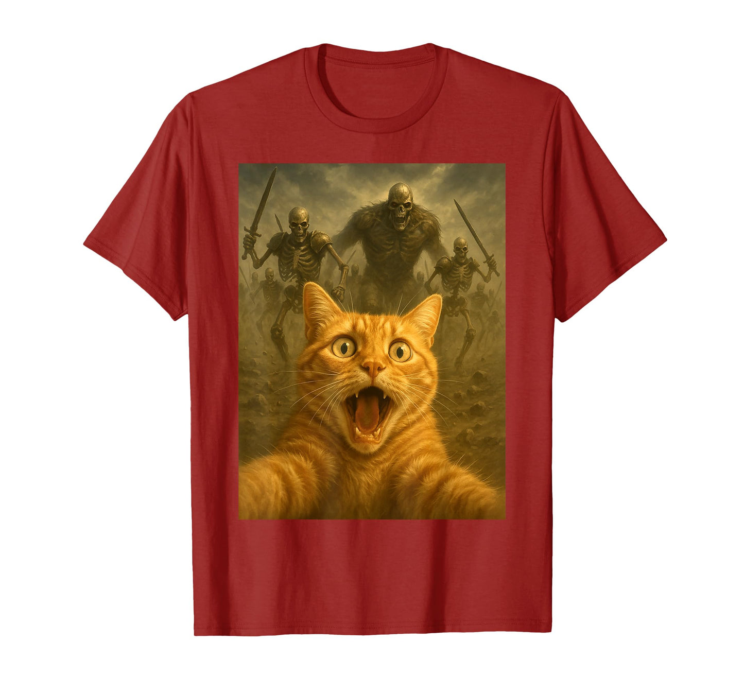 Scared cat Selfie with Skeleton Army Funny Halloween Outfit T-Shirt