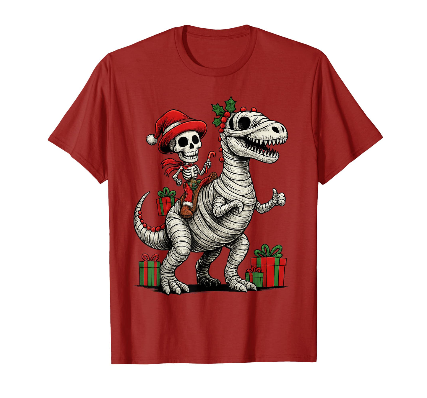Skeleton Dinosaur Ugly Christmas Party Winter Holiday Season T-Shirt