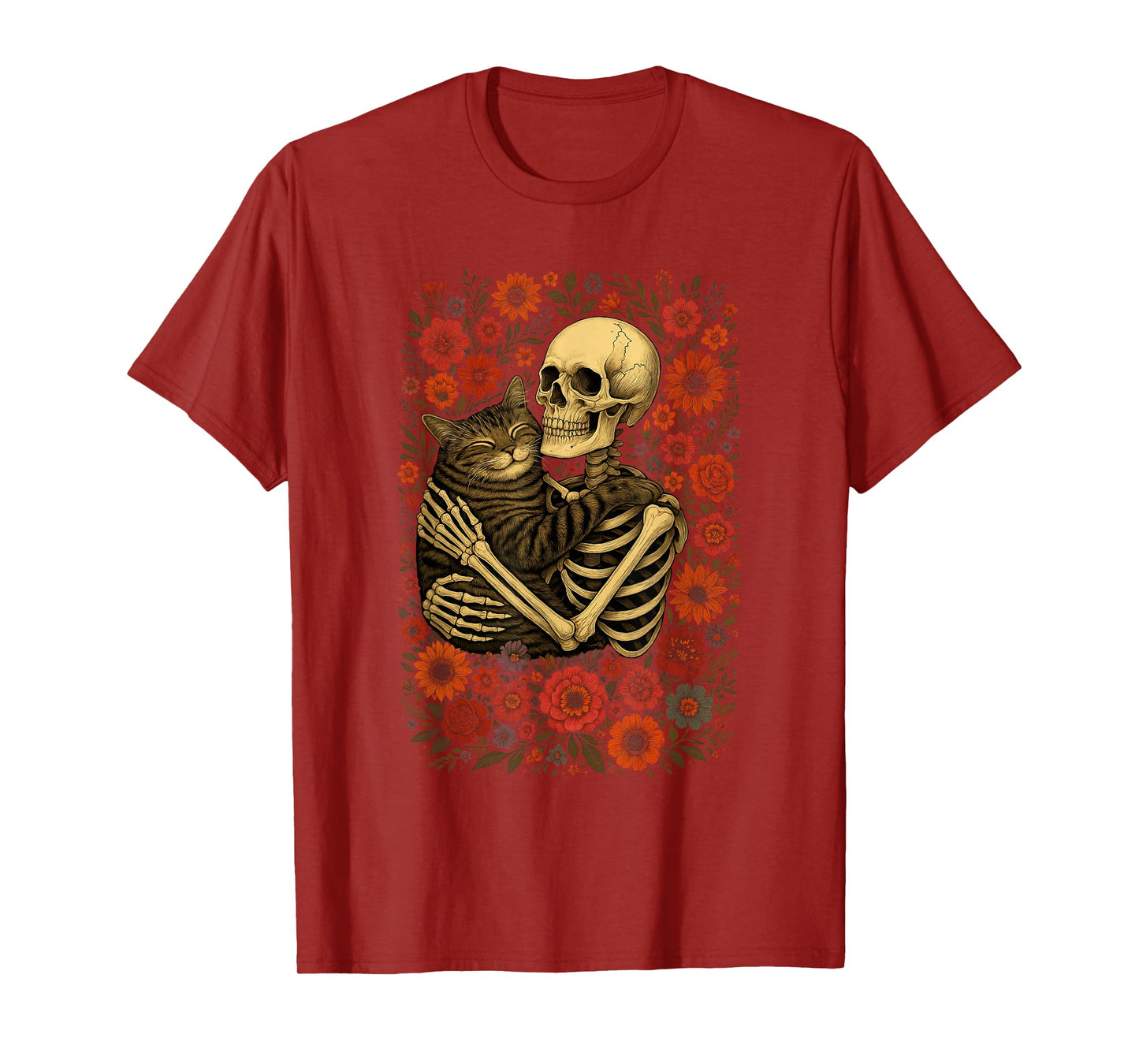 Funny Skeleton Hugging Cat Floral Halloween Cats Lover Women T-Shirt