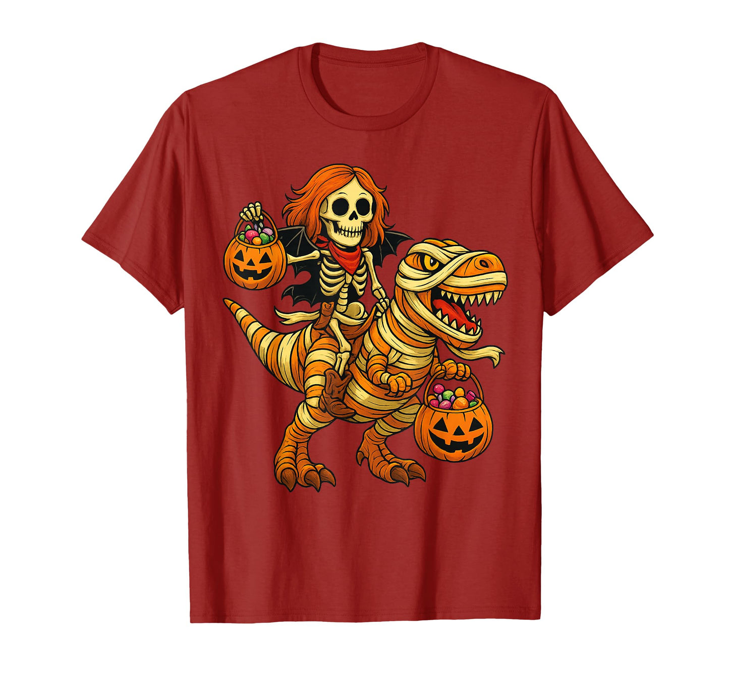 Skeleton Riding Mummy Dinosaur T rex Halloween Funny Pumpkin T-Shirt
