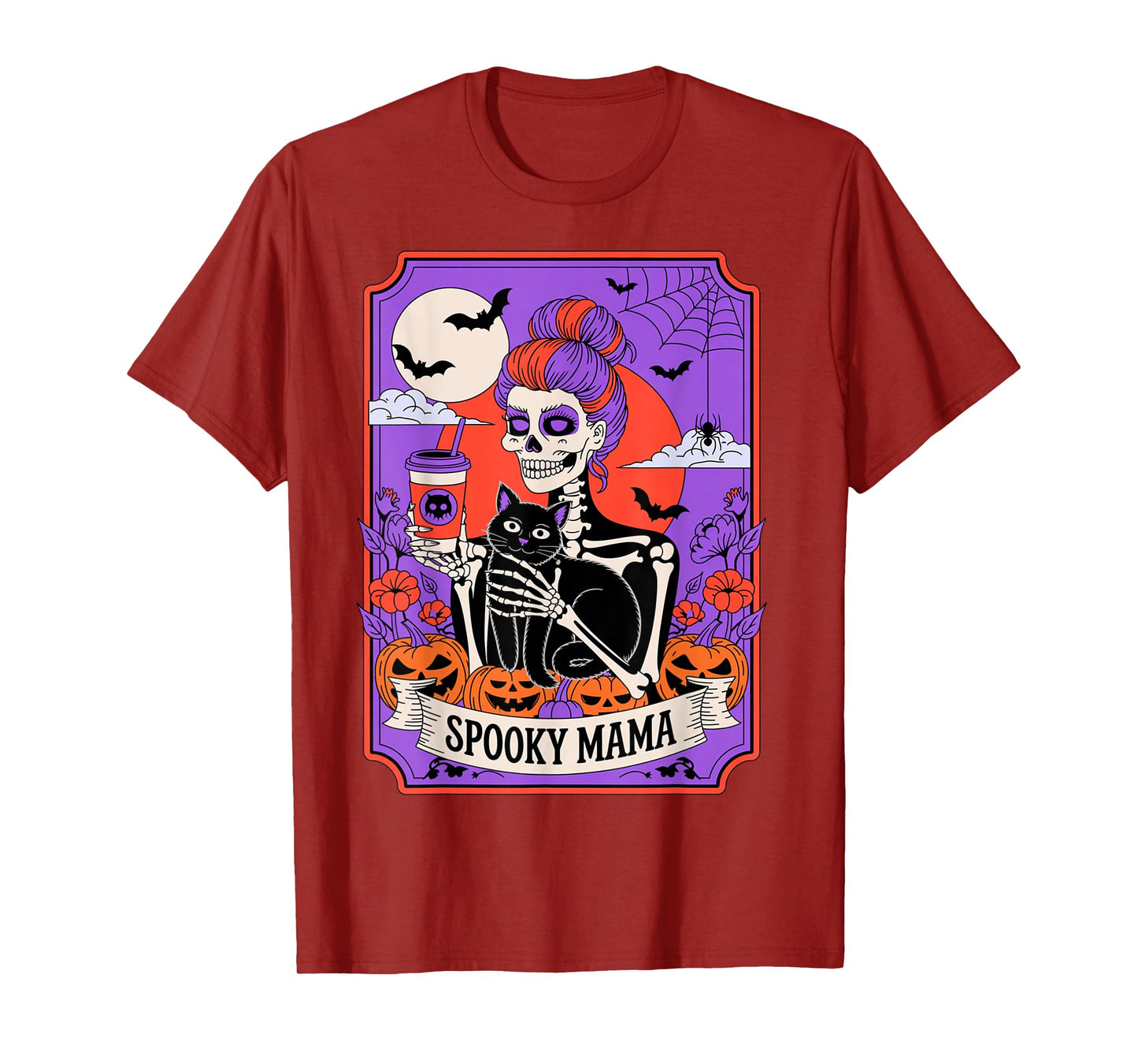 Spooky Mom Skeleton Black Cat Coffee Halloween Pumpkin T-Shirt