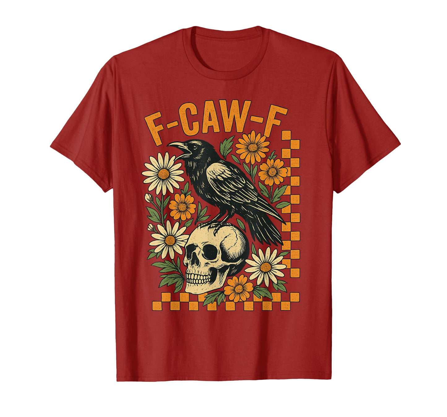 F-Caw-F Raven Crow Tee Halloween Skull Boho Flower Checkered T-Shirt