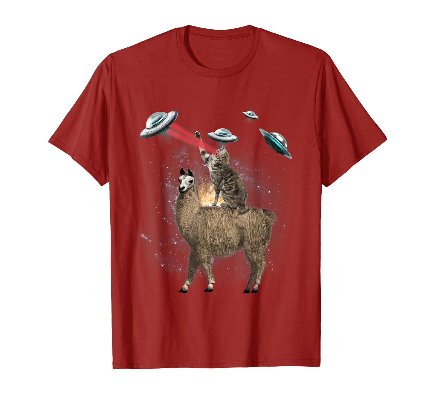Space Cat Riding Llama Laser Eyes UFO Funny Cat Lover Men Women Kids T-Shirt