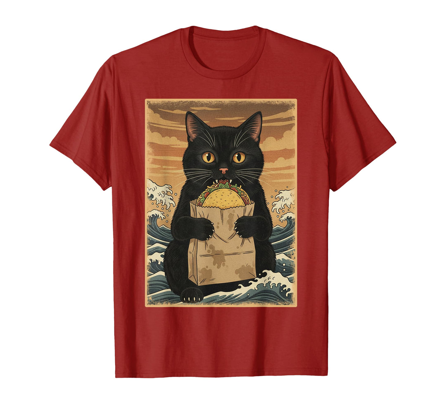 Funny Black Cat Eating Tacos Japanese Art Men Women Kid T-Shirt