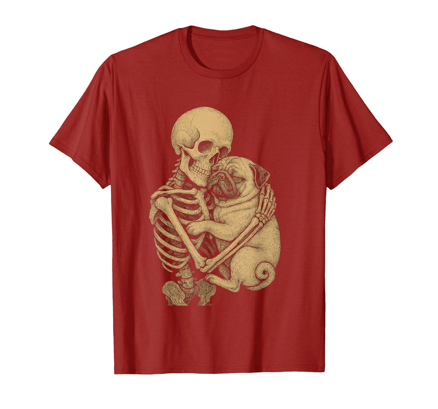Skeleton Holding Dog Pug Illustration Gothic Halloween Art T-Shirt