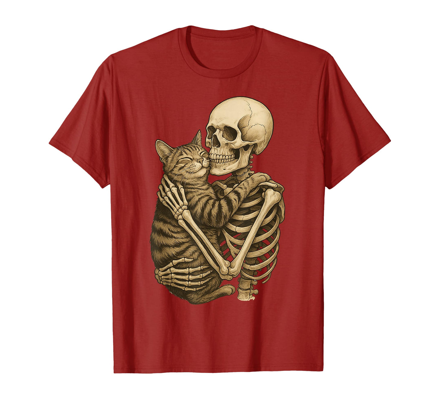Skeleton Hugging Cat Sepia Art Gothic Pet Love T-Shirt