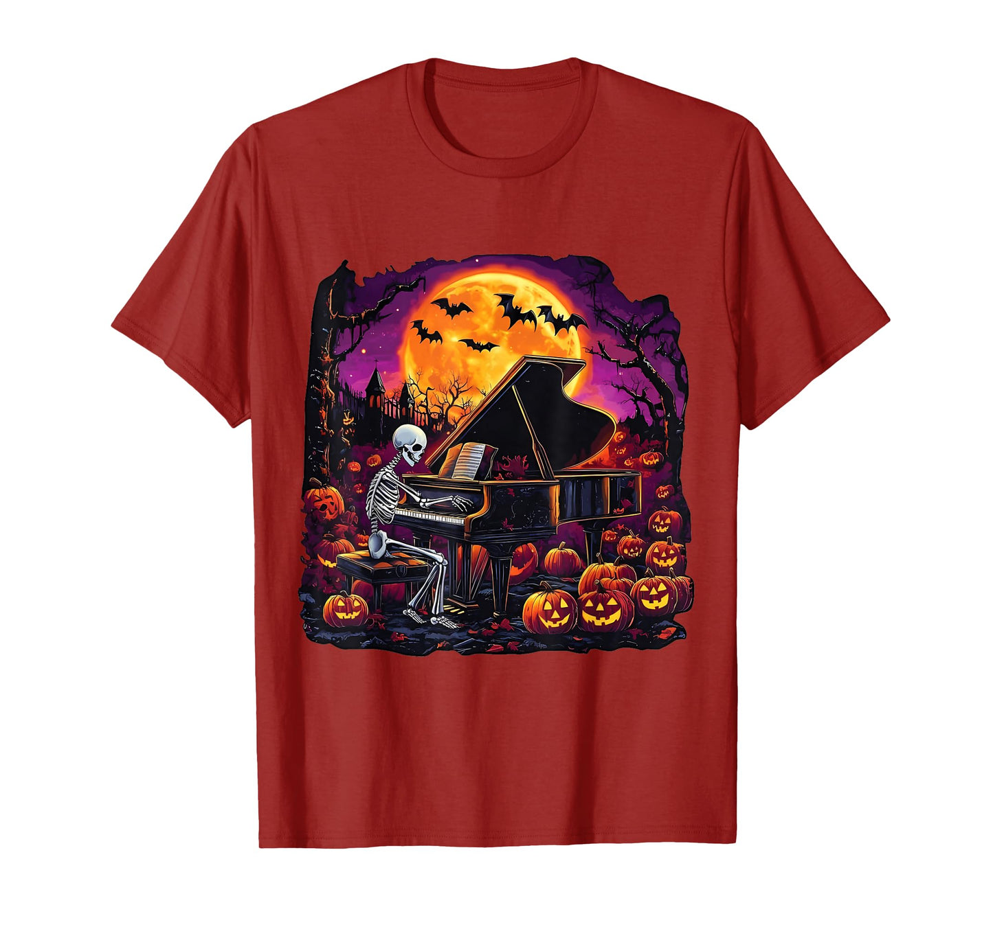 Skeleton Playing Piano with Ghost Funny Halloween Costume T-Shirt