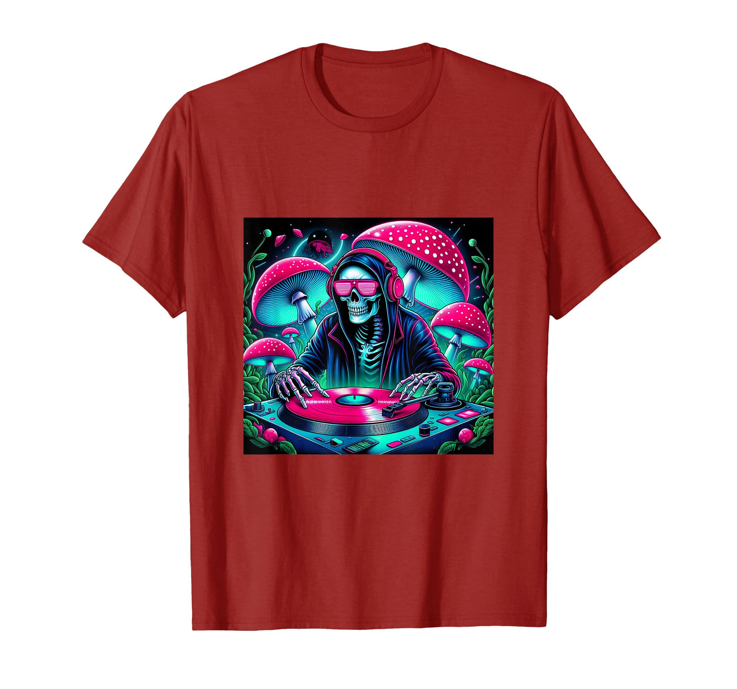 Neon Skull DJ Spinning Turntable Trippy Rave T-Shirt