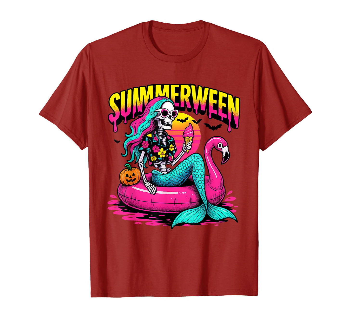 Summerween Skeleton Mermaid Halloween Flamingo T-Shirt