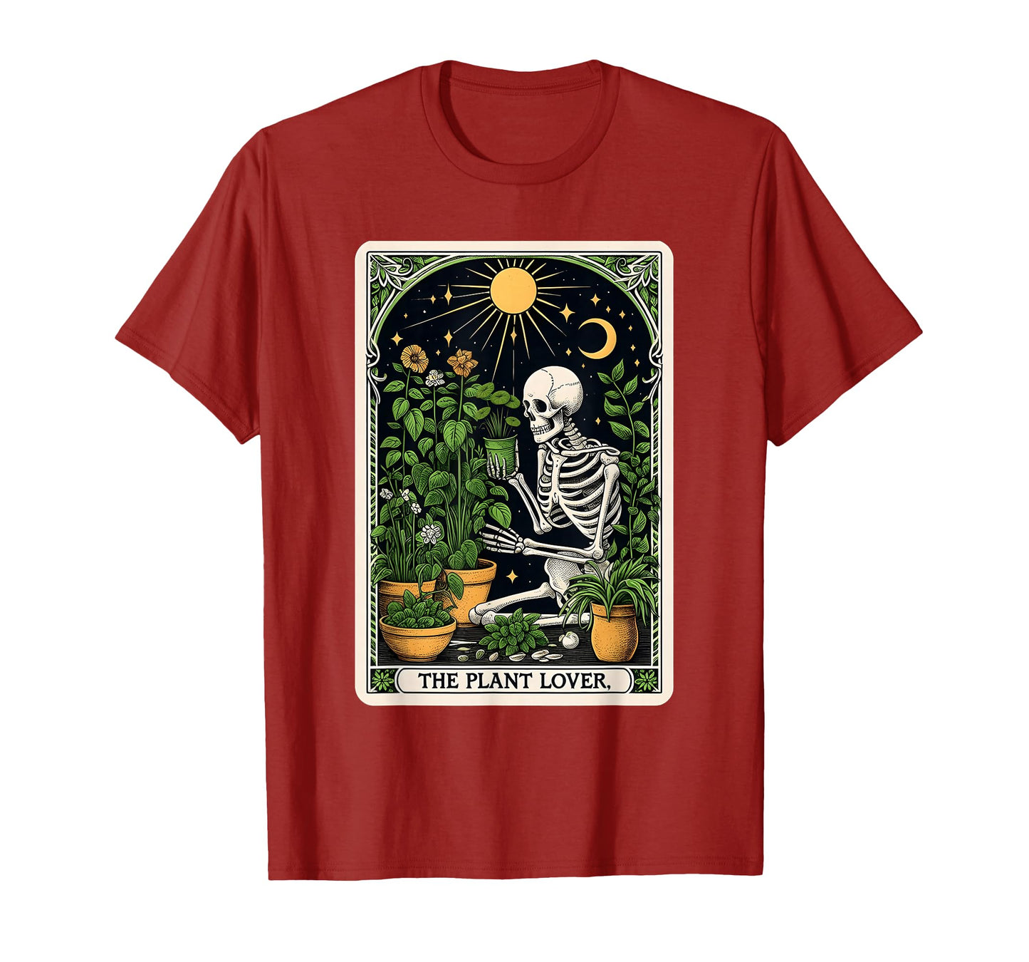 The Plant Lover Tarot Card Halloween Skeleton Gardener Moon T-Shirt