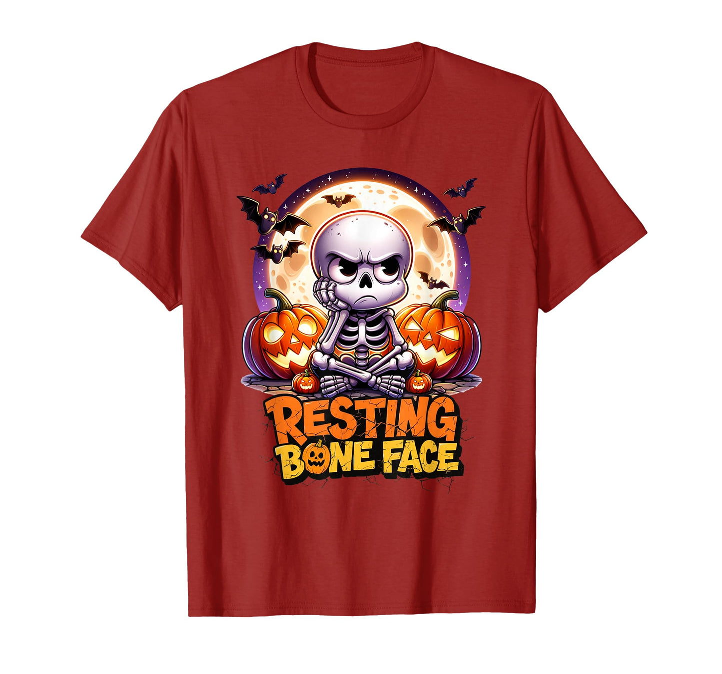 Resting Bone Face Funny Skeleton Halloween Pumpkin Bats T-Shirt