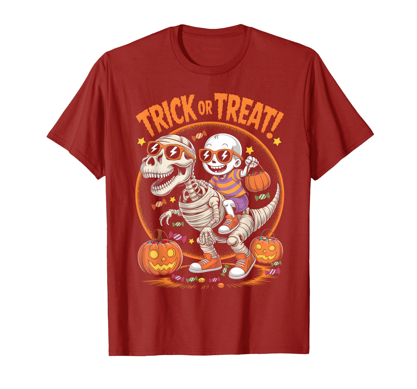 Trick or Treat T-rex Skeleton Riding Mummy Dinosaur for Kids T-Shirt