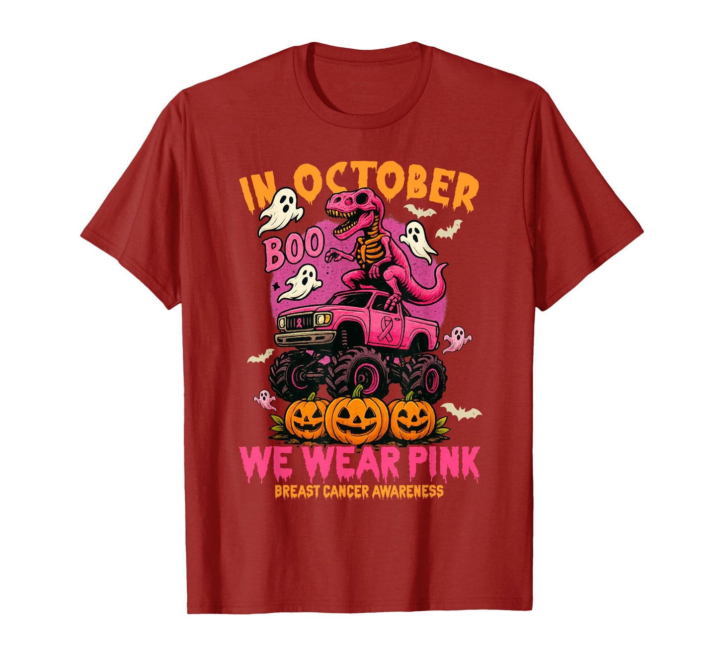 T Rex Dinosaur and Monster Truck We Wear Pink Breast Cancer T-Shirt