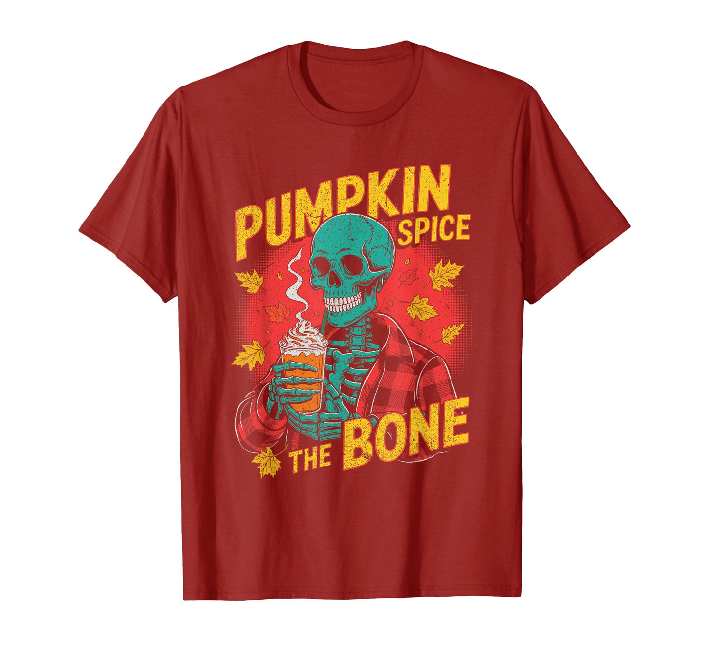 Pumpkin Spice Skeleton Holding Latte Fall Leaves T-Shirt