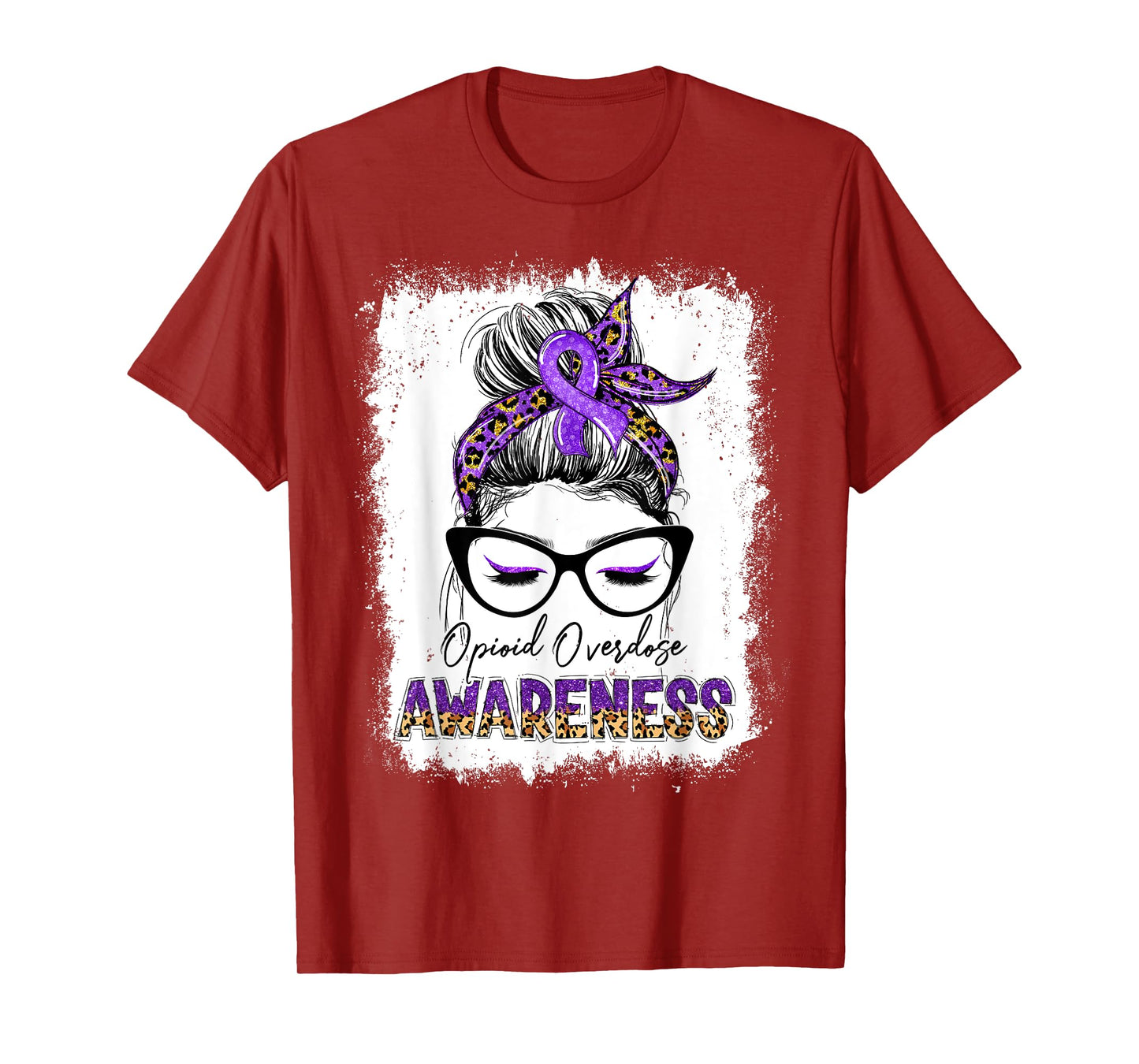 Leopard Messy Bun Opioid Overdose Awareness Purple Ribbon T-Shirt