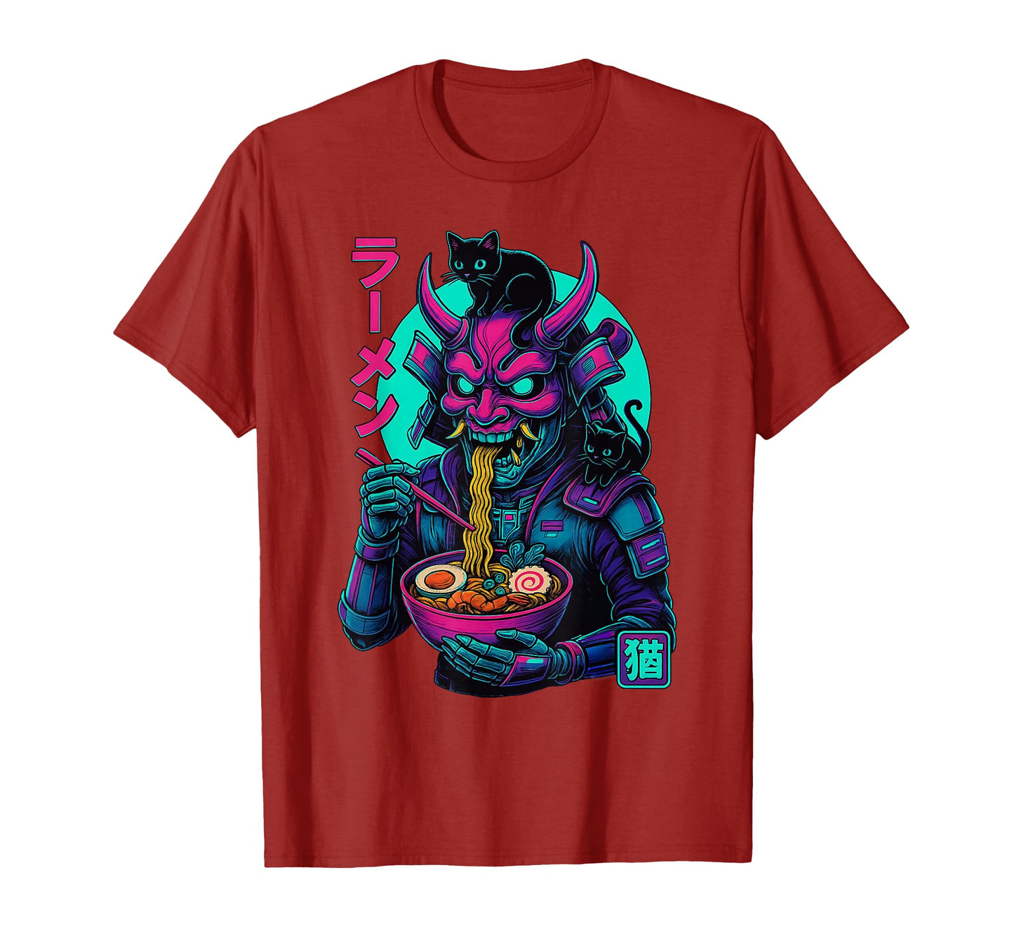 Samurai Oni Skeleton Ramen with Black Cat Japanese Vintage T-Shirt