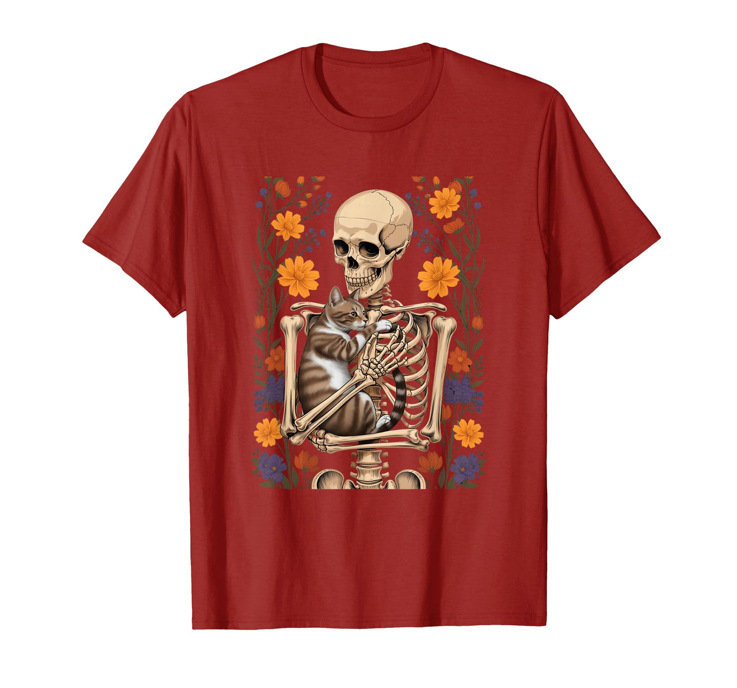 Funny Skeleton Hugging Cat Floral Halloween Cats Lover T-Shirt