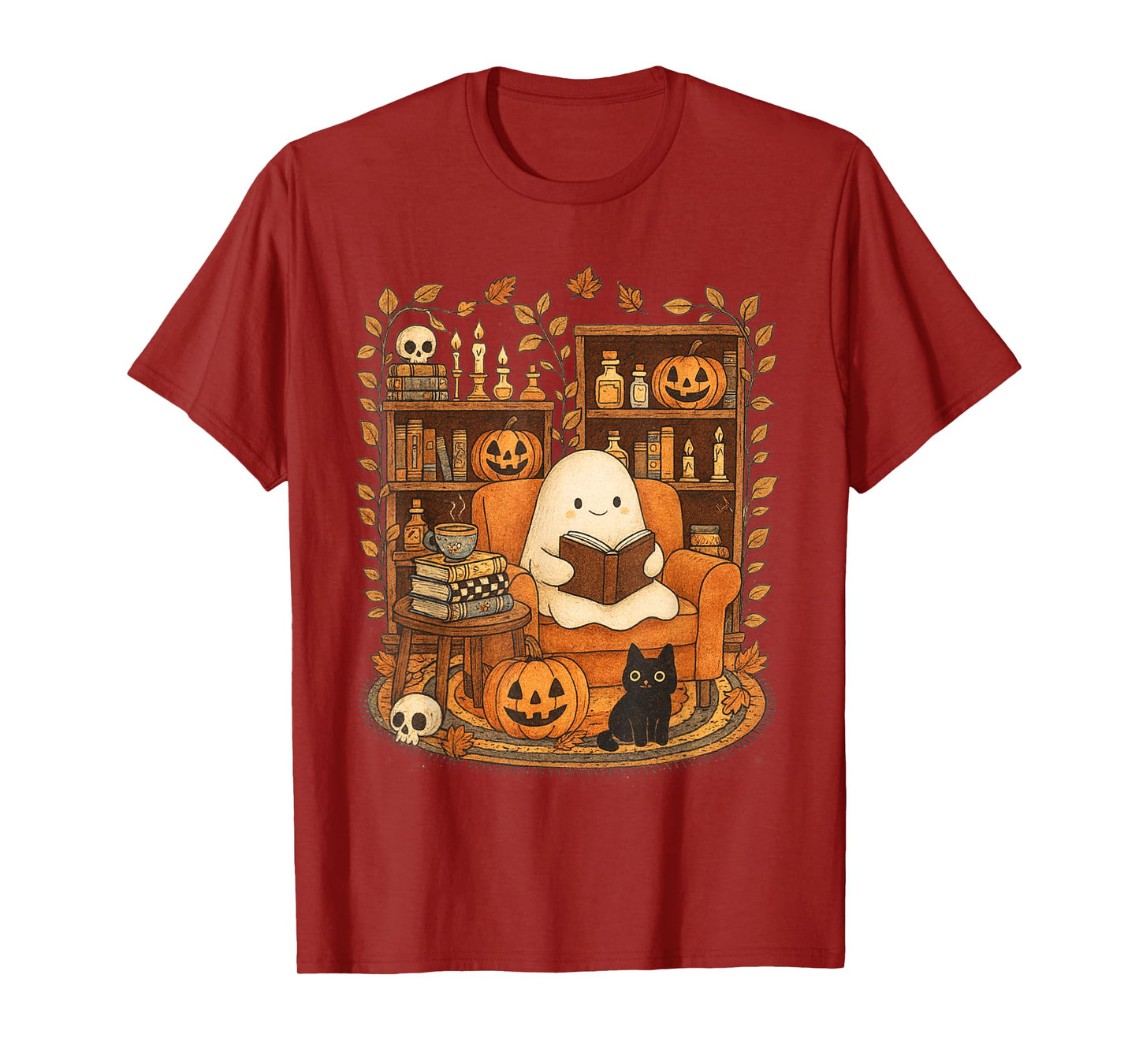 Halloween Cute Ghost Reading Book Lover Bookish Pumpkin Fall T-Shirt