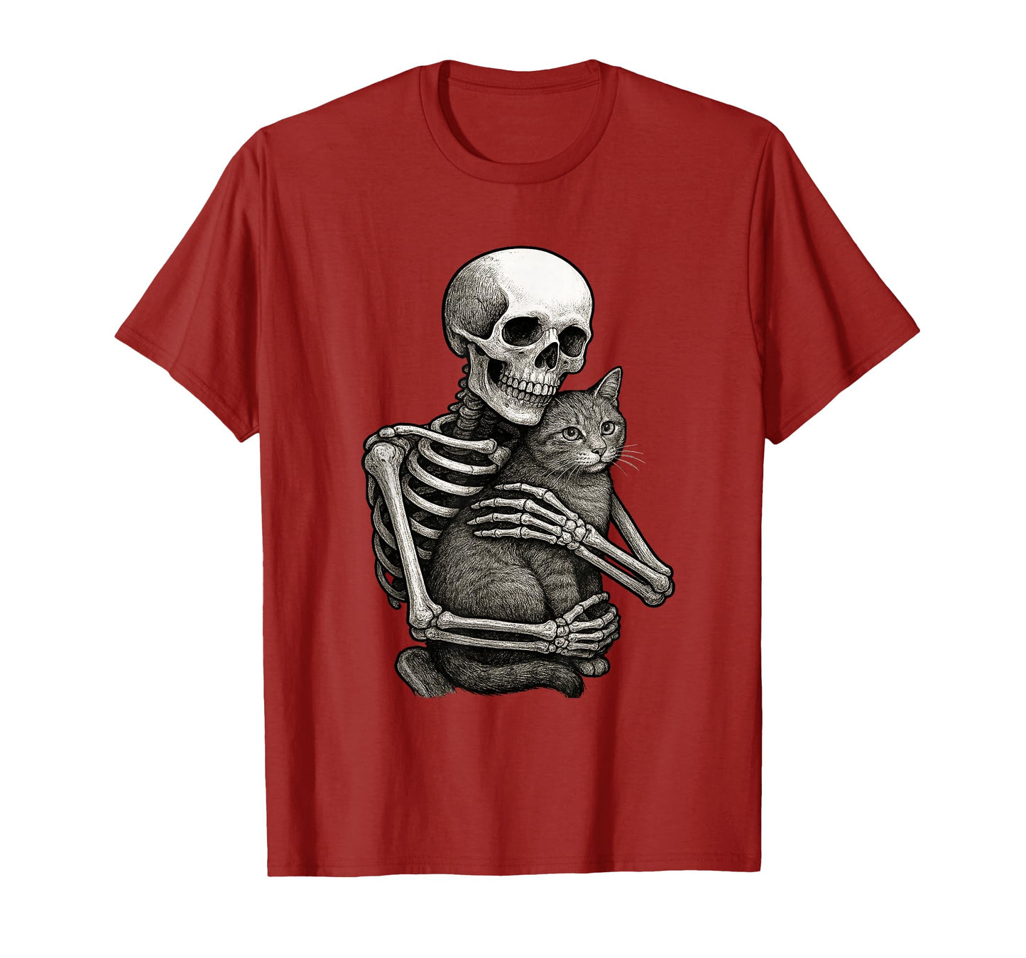 Skeleton Hugging Cat Halloween Cat Lover Cat Mom Dad T-Shirt